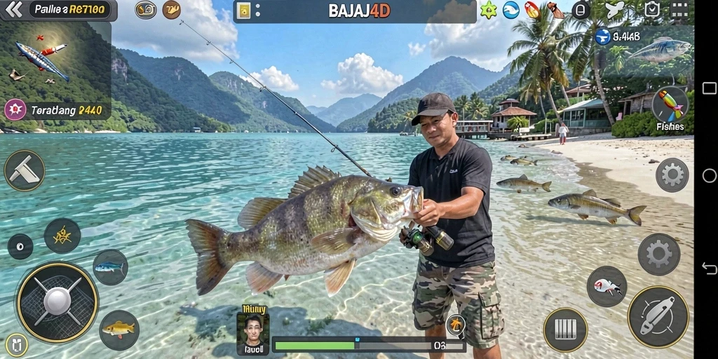 Tampilan gameplay BAJAJ4D yang memukau saat memancing di danau yang indah.