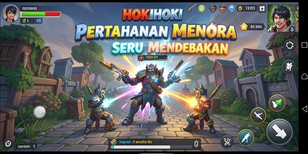 Screenshot HOKIHOKI menampilkan pertahanan menara dalam pertempuran mendebarkan.