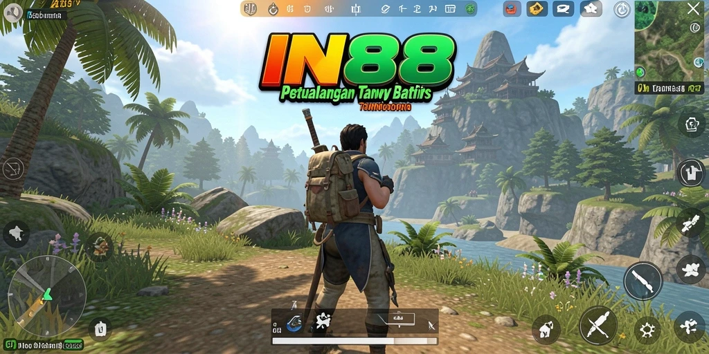 Screenshot menunjukkan gameplay petualangan di dunia terbuka yang luas.