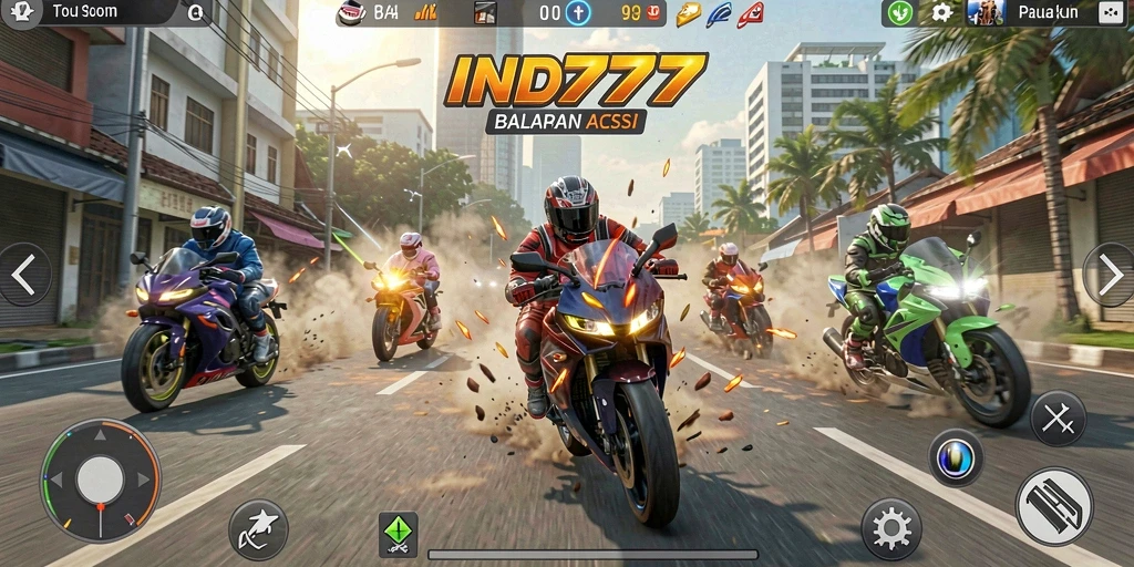 Screenshot permainan IND777 yang menampilkan kecepatan dan aksi balapan motor.