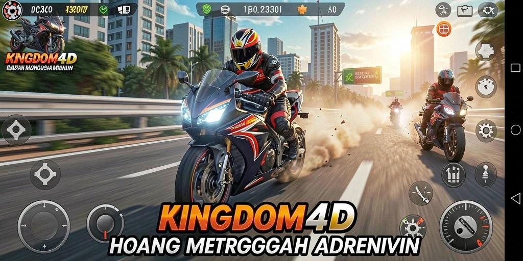 Tampilan gameplay KINGDOM4D dengan aksi balapan motor yang mendebarkan.