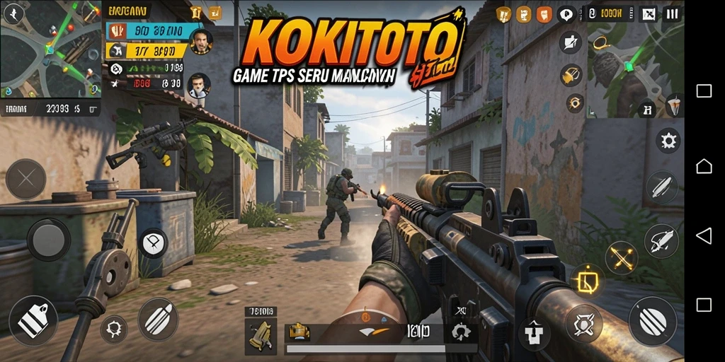 Tampilan gameplay seru dari KOKITOTO yang menampilkan pertarungan tembak-menembak.