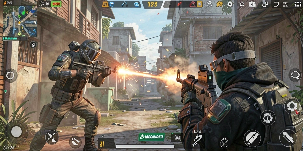 Tampilan action-packed dari gameplay MEGAHOKI dalam mode FPS.