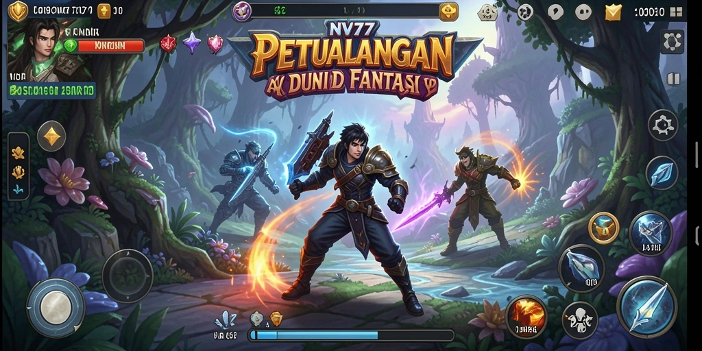 Screenshot gameplay NV77 menampilkan karakter bertarung melawan monster fantastis.