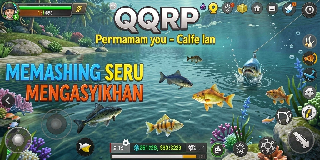 Screenshot gameplay QQRP menunjukkan aksi seru saat menangkap ikan di air.
