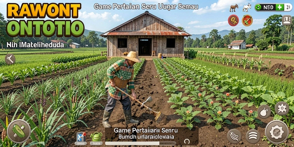 Screenshot gameplay RAWONTOTO menampilkan lahan pertanian yang kaya dan berwarna.