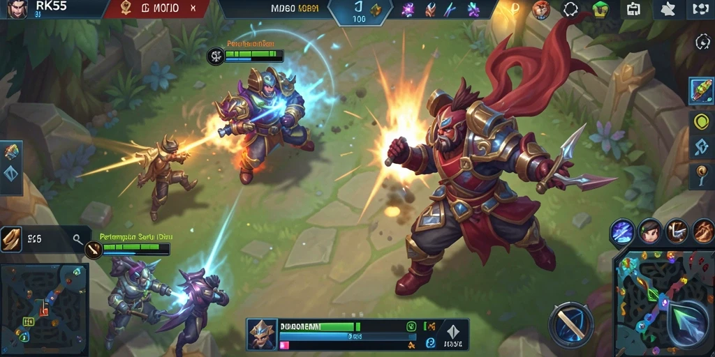 Screenshot gameplay RK55 menampilkan aksi pertempuran menarik di arena MOBA.