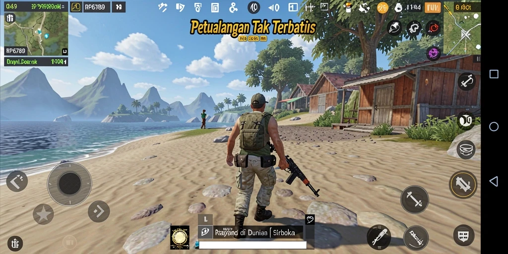 Screenshot gameplay menunjukkan petualangan seru di dunia terbuka.