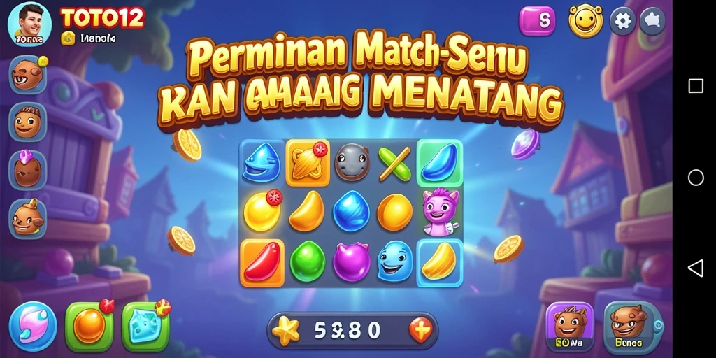 Screenshot TOTO12 menampilkan gameplay Match-3 yang menarik dan penuh warna.